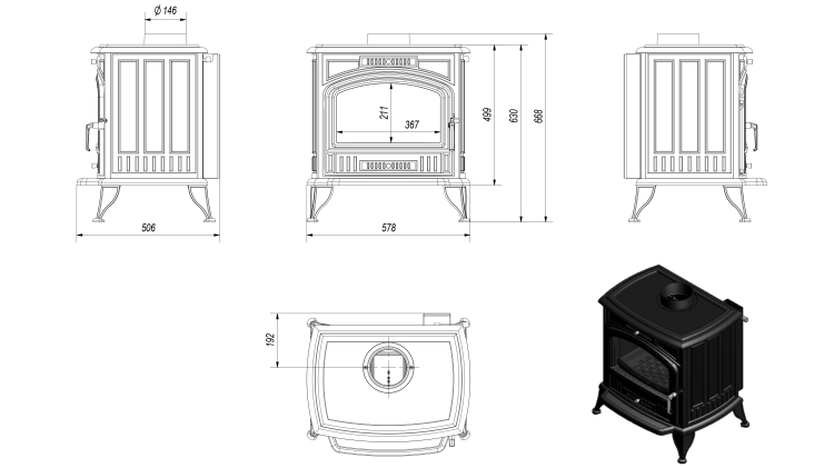 Rysunek techniczny pieca żeliwnego Koza K6 fi 150 z ASDP 8 kW