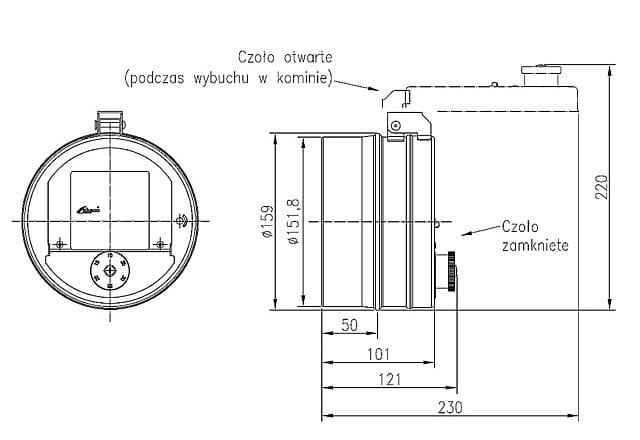 Regulator ciągu kominowego RCO fi 150 z systemem przeciwwybuchowym