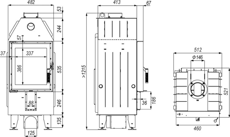 Rysunek techniczny kominka Defro Intra XSM 8 kW