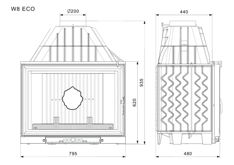 Kominek KAWMET W8 (17,5 kW) ECO rysunek techniczny i wymiary