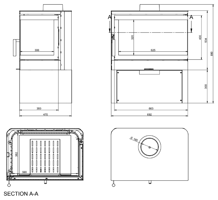 Schemat z wymiarami STO M 14 R Prawy