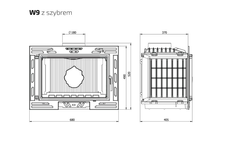 Kominek KAWMET W9 (9,8 kW) ECO rysunek techniczny i wymiary
