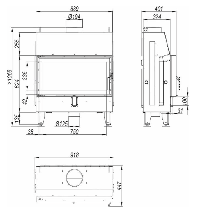 Rysunek techniczny kominka Defro Impuls L 11 kW