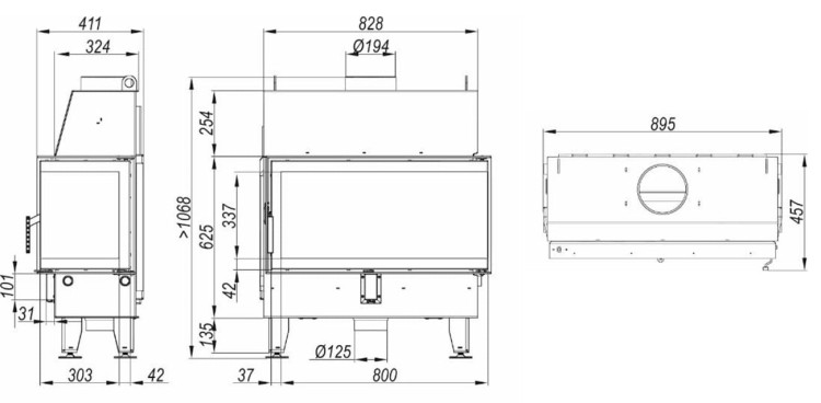 Rysunek techniczny kominka Defro Impuls L BL Lewy 11 kW