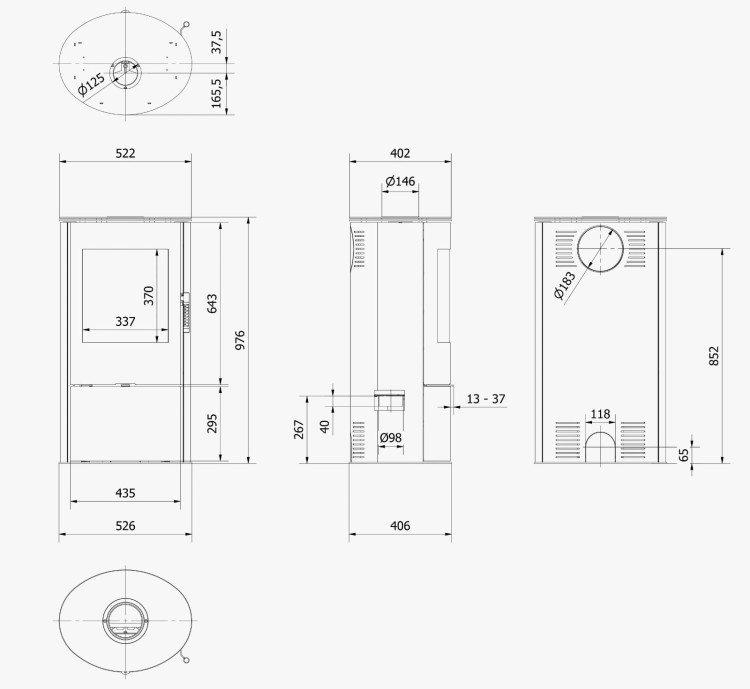 Rysunek techniczny pieca stalowego Rollo 7 kW