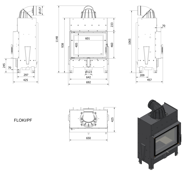 Rysunek techniczny kominka Floki S 8 kW fi 160