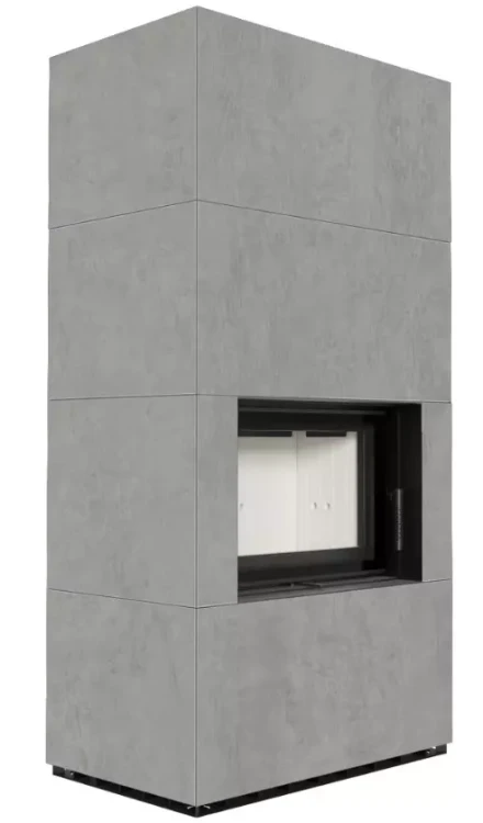 Kominek modułowy Floki Box z zabudową ze spieku kwarcowego CEMENTO GRIGIO BOCCIARDATA