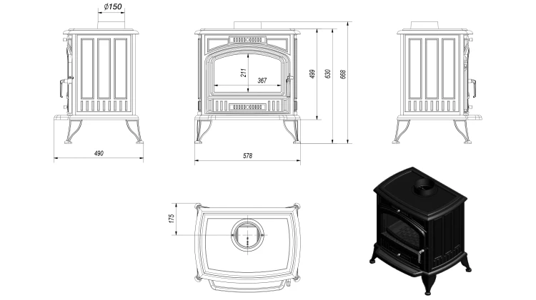 Rysunek techniczny pieca żeliwnego Koza K6 fI 150 mm 8 kW