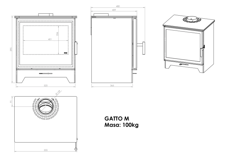 Piec stalowy Hitze Gatto M - rysunek techniczny.webp