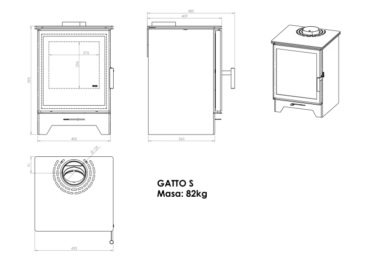 Piec stalowy Gatto S - rysunek techniczny.webp