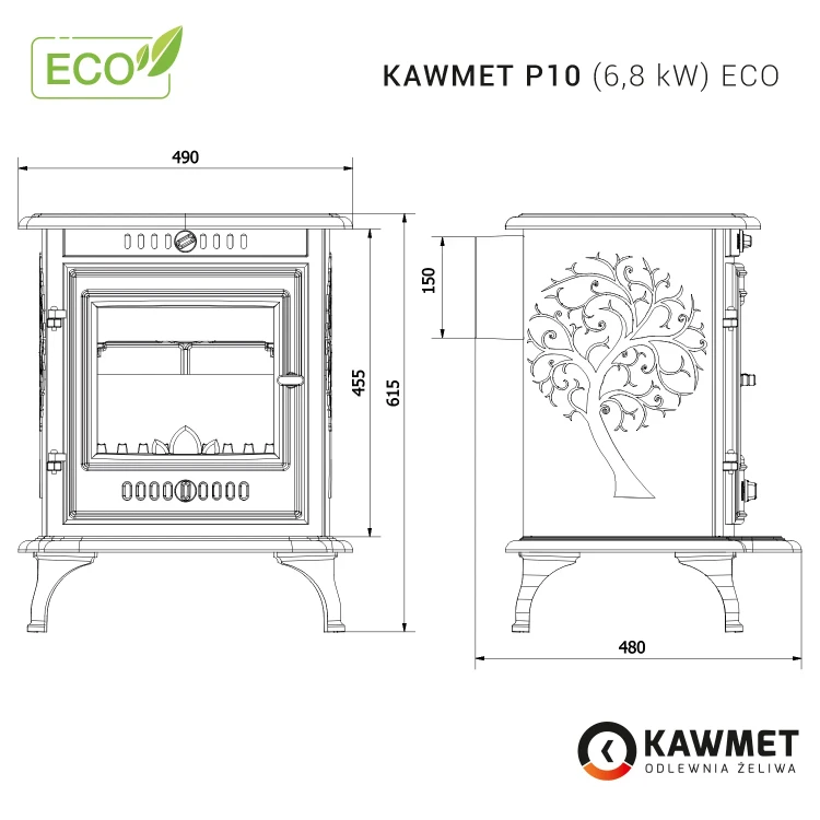 Piec żeliwny Kawmet P10 - rusunek techniczny.webp