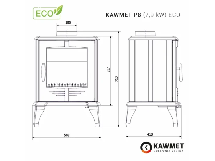 Piec Kawmet P8 EKO 8 kW - rysunek techniczny.webp