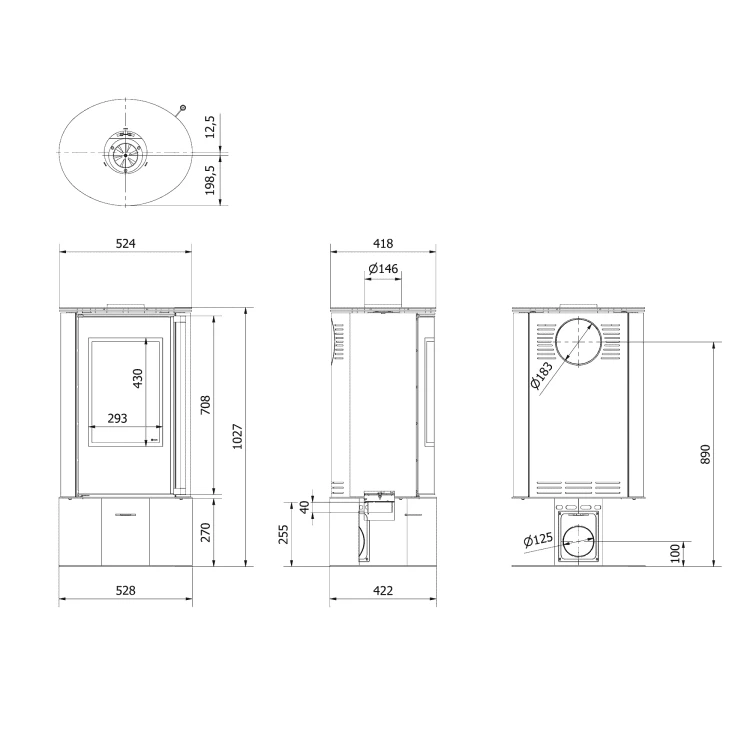 Piec stalowy Erik N rysunek techniczny.webp