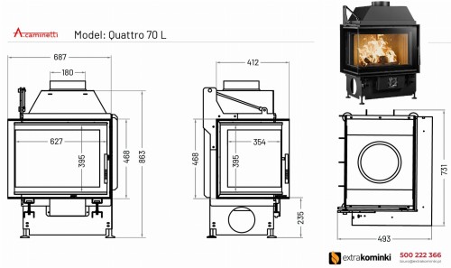 Kominek powietrzny stalowy Quattro 70 L lewy rysunek techniczny.jpg