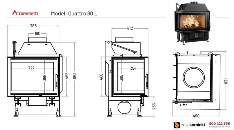 Kominek powietrzny stalowy Quattro 80 L lewy rysunek techniczny.jpg