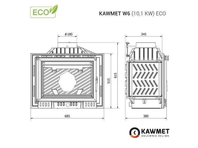 Kominek żeliwny Kawmet W6 ECO 10,1 kW rysunki wymiarowe i rzuty