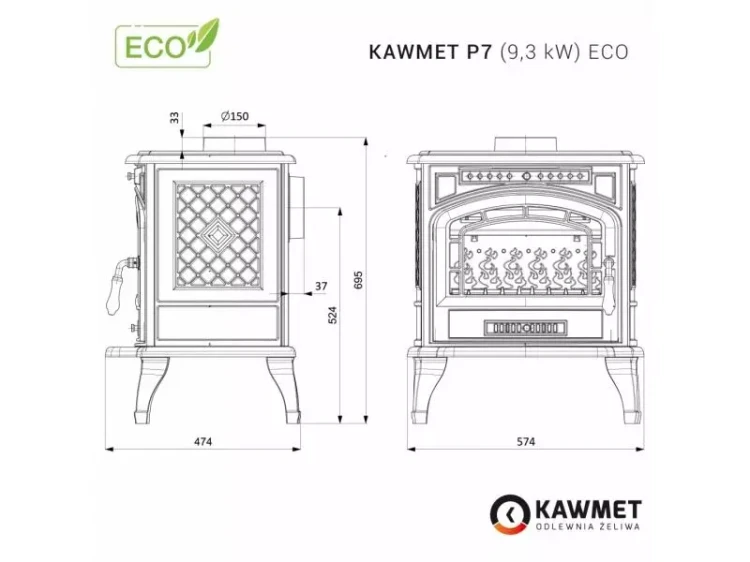 Wymiary kominka Kawmet P7 9.3 kW EKO