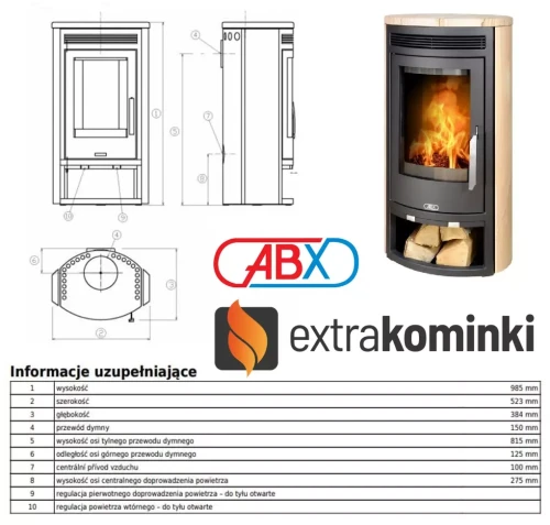 Piec stalowy Arktis 4 czarny piaskowiec - rysunki wymiarowe.webp