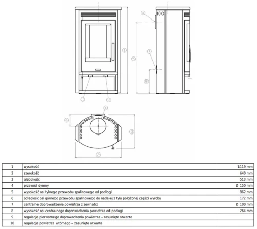 Piec stalowy Arktis 8 rysunek wymiarowy.webp
