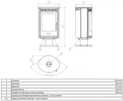 Piec Arktis 8 obrotowy rysunek wymiarowy.webp