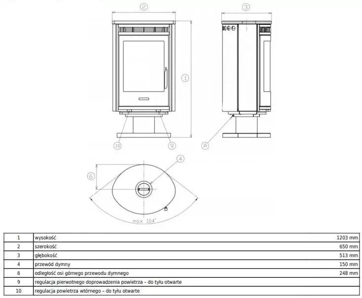 Piec Arktis 8 obrotowy rysunek wymiarowy.webp