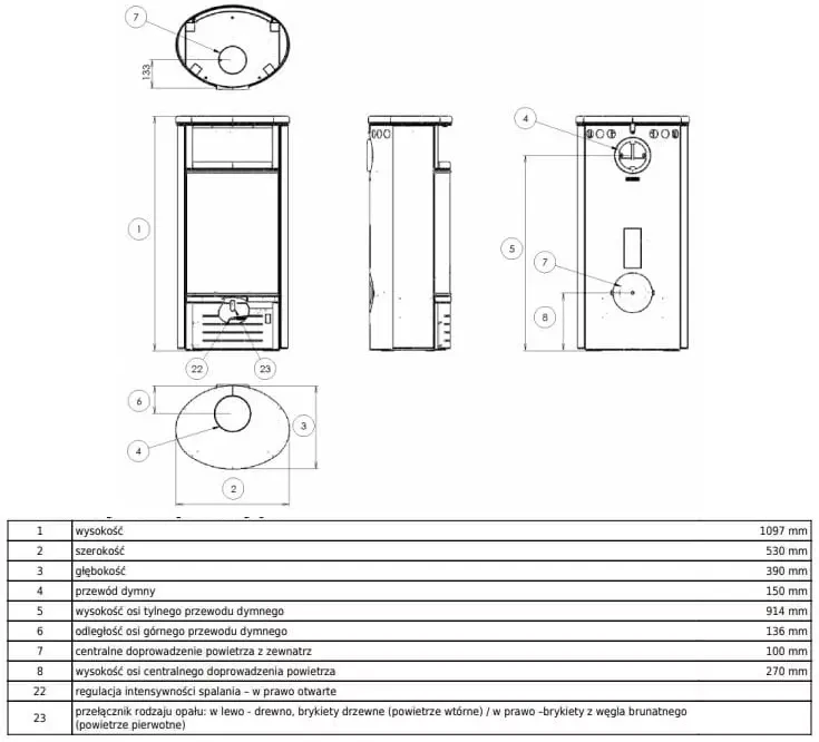 Piec stalowy Atlantik 5 rysunek wymiarowy.webp