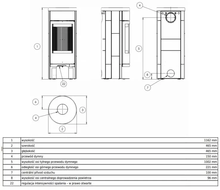 Piec stalowy Vigo - rysunek wymiarowy.webp