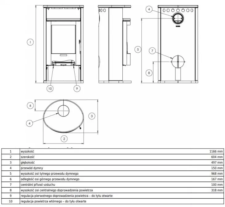 Piec stalowy z płaszczem wodnym Island 7 - rysunek wymiarowy.webp