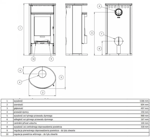 Piec stalowy z płaszczem wodnym Island 7 - rysunek wymiarowy.webp
