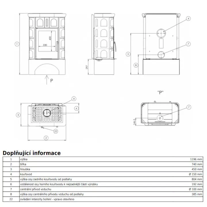 Piec kaflowy Britania Cokół Równy - rysunek wymiarowy.webp