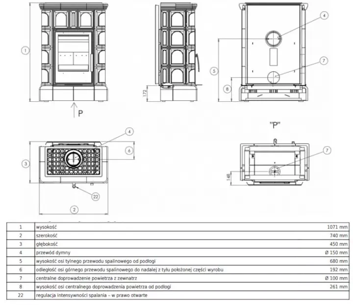 Piec kaflowy Britania Exclusive Cokół Kaflowy - rysunek wymiarowy.webp
