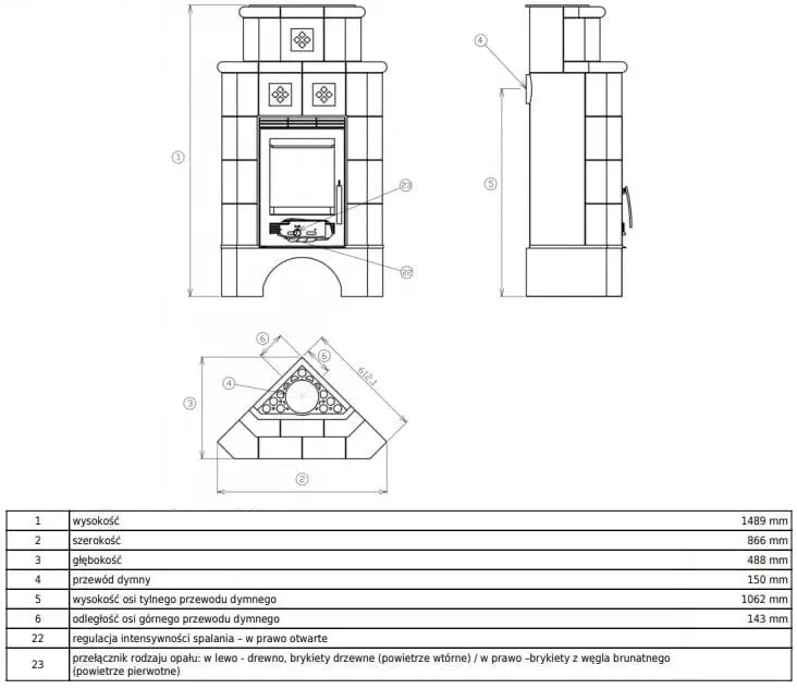 Piec kaflowy Regina - rysunek wymiarowy.webp