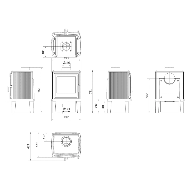 Piec żeliwny Koza K11 z nogami z drewna - rysunek wymiarowy.webp
