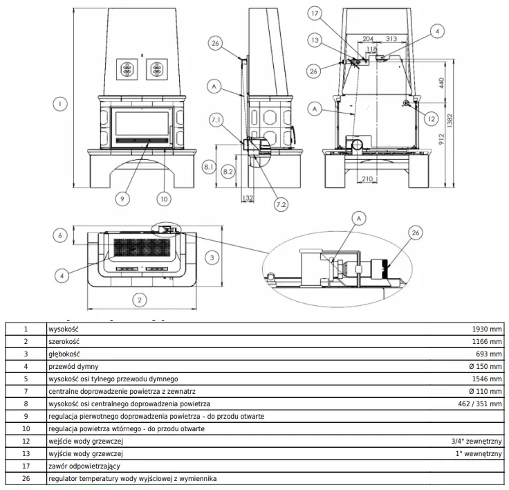 Piec kaflowy z płaszczem wodnym Laponia - rysunek wymiarowy.webp