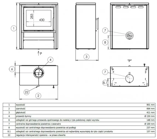 Piec stalowy Toledo Exclusive - rysunek wymiarowy.webp