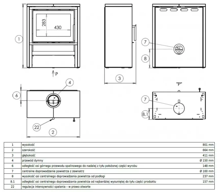 Piec stalowy Toledo Exclusive - rysunek wymiarowy.webp
