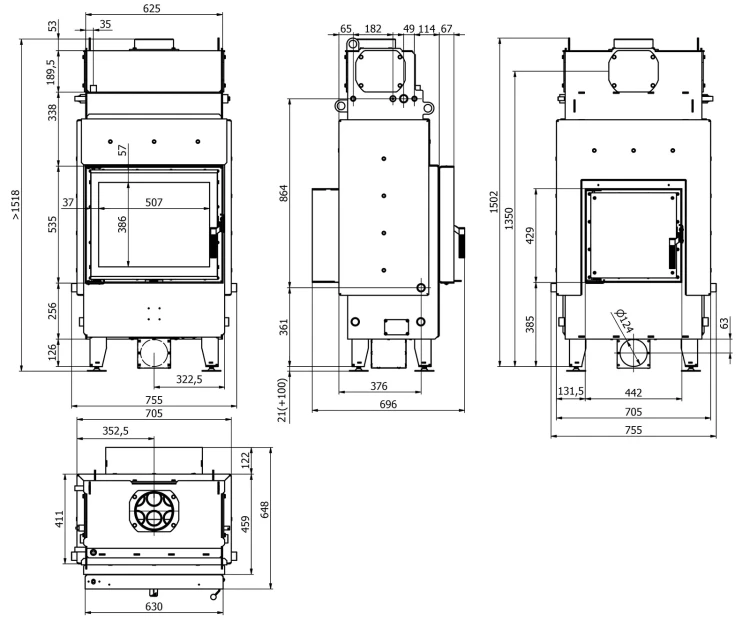 Kominek Navi SM TZ - rysunek wymiarowy.webp