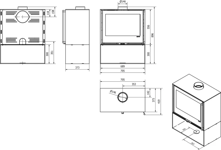 Piec stalowy Cuben S - rysunek wymiarowy.webp