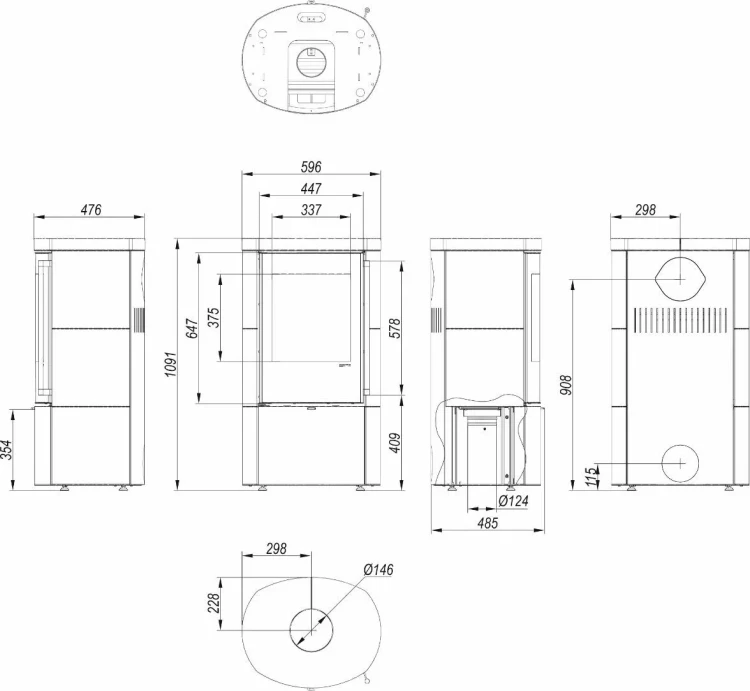 Piec kaflowy Ceres KRM 6 kW - rysunek wymiarowy.webp