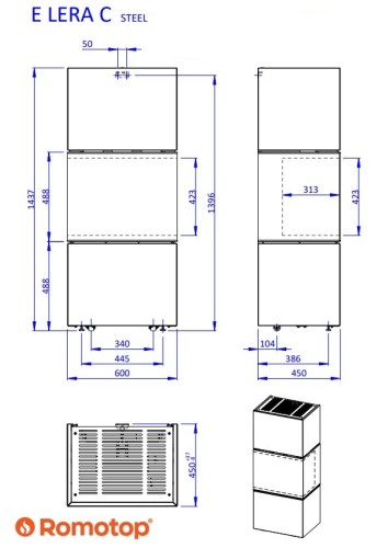 Kominek elektryczny e-LERA C metal - rysunek wymiarowy