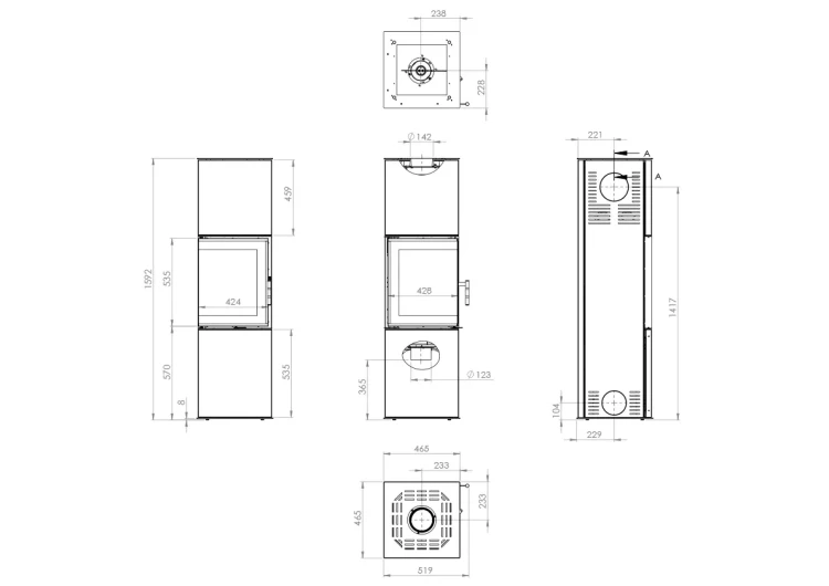 Piec stalowy Gabi 6,5 kW - rysunek wymiarowy