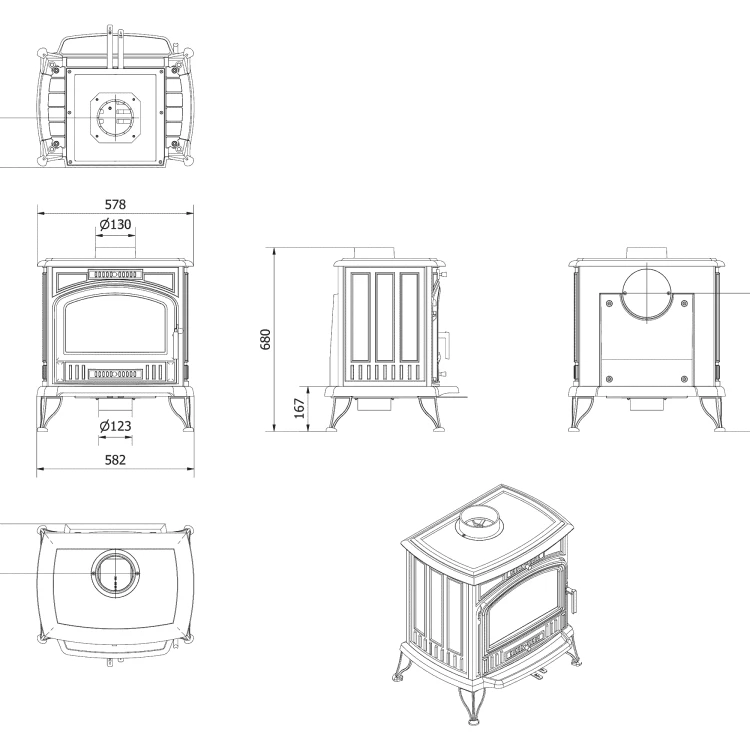 Piec żeliwny Koza K6 fi 130 - rysunek wymiarowy