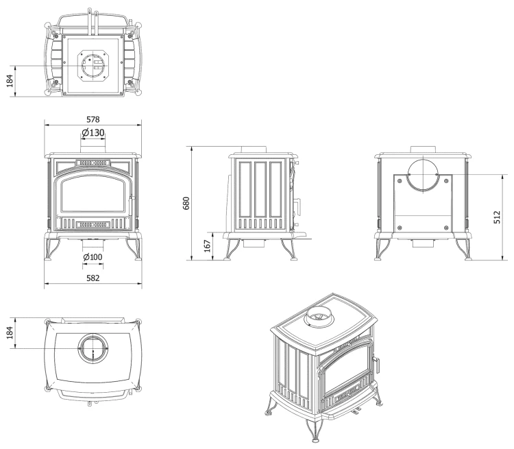 Piec żeliwny Koza K6 fi 130 - rysunek wymiarowy