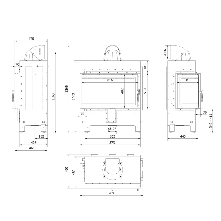 Kominek Lucy Lewy 14 kW rysunek techniczny