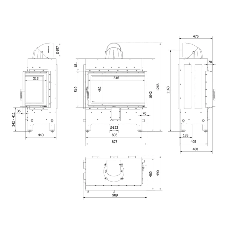 Kominek Lucy Prawy 14 kW rysunek techniczny