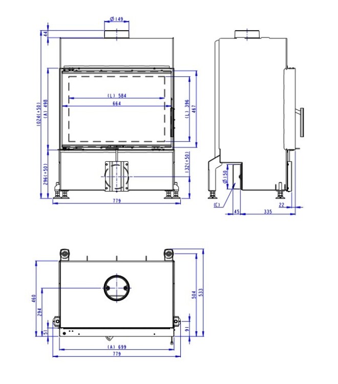 Wymiary kominka Romotop Heat 4G 70.50.04