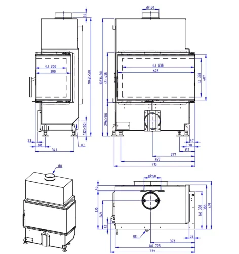 Rysunek wymiarowy kominka Romotop Heat R 4G S 70.44.33.24 .webp
