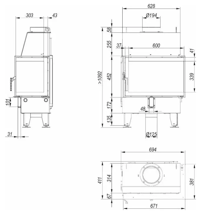 Impuls S kominek, wymiary i schemat