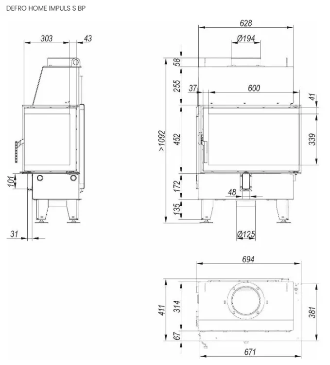 Schemat i wymiary kominka  Impuls S prawy BP Defro