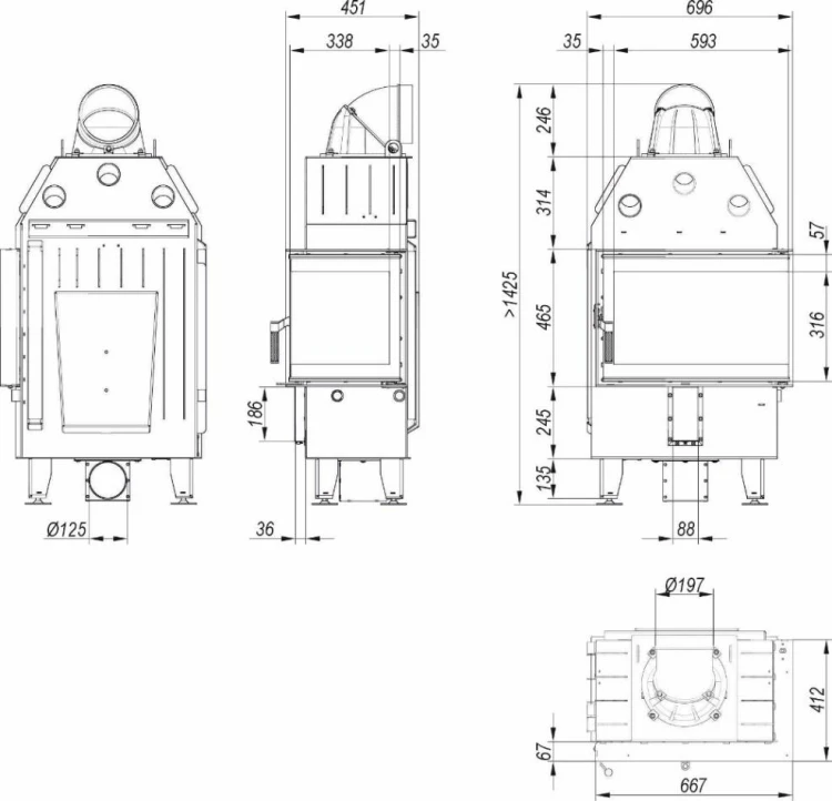 Wymiary i schemat kominka Defro Intra S BP Mini